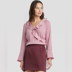 A New Day Women's Flounce Long Sleeve V-Neck Ruffle Wrap Blouse Pink